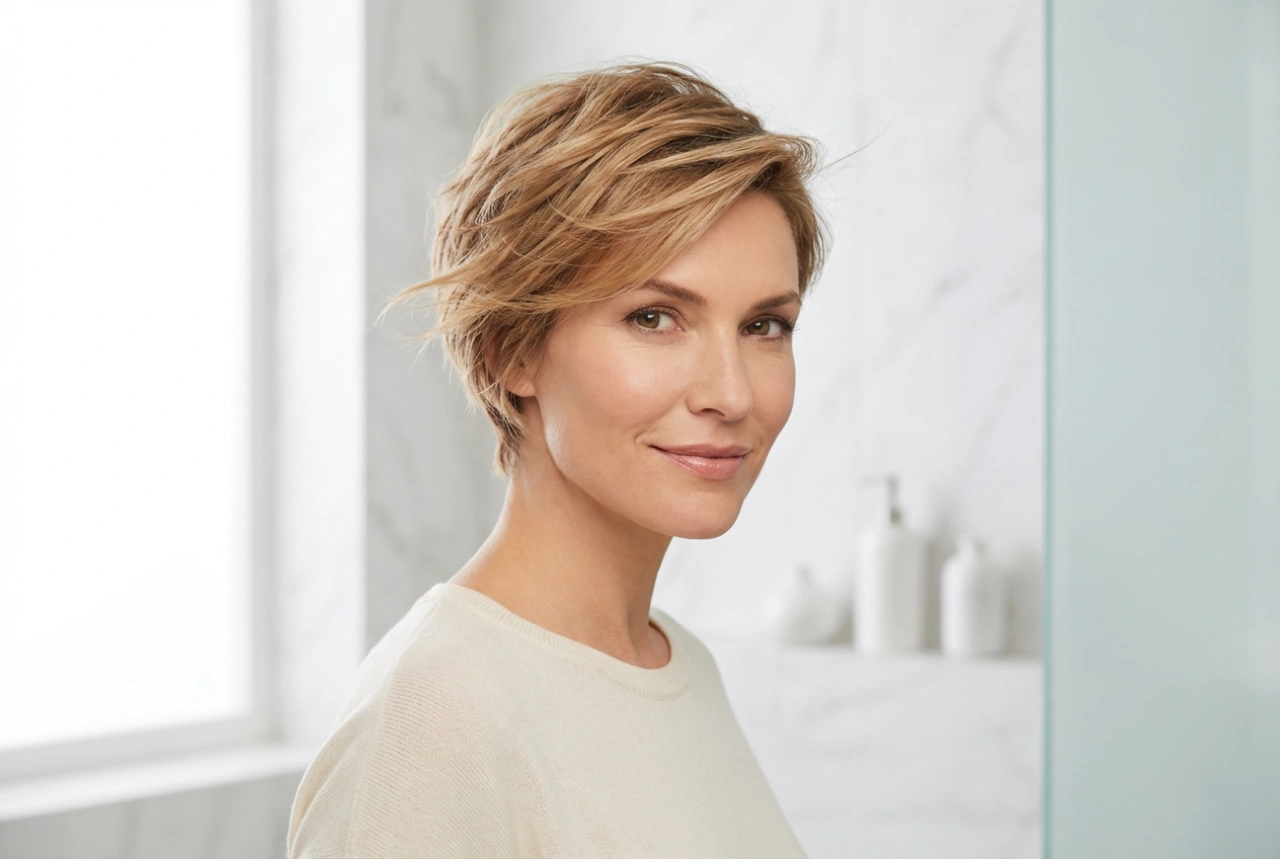 Дамска прическа пикси: текстура, повдигане и мек блясък