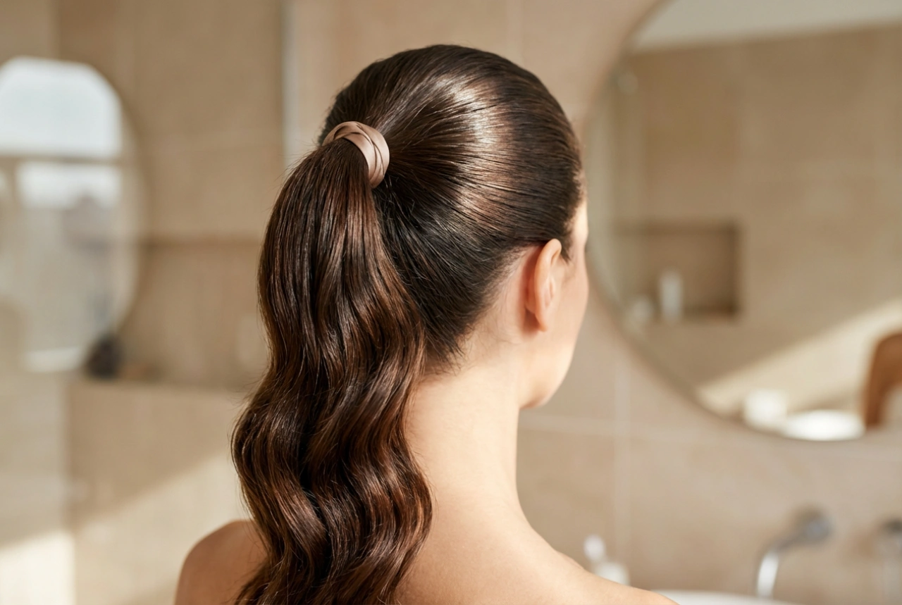 Бърза прическа за парти: вълни, висока конска опашка и мокър ефект