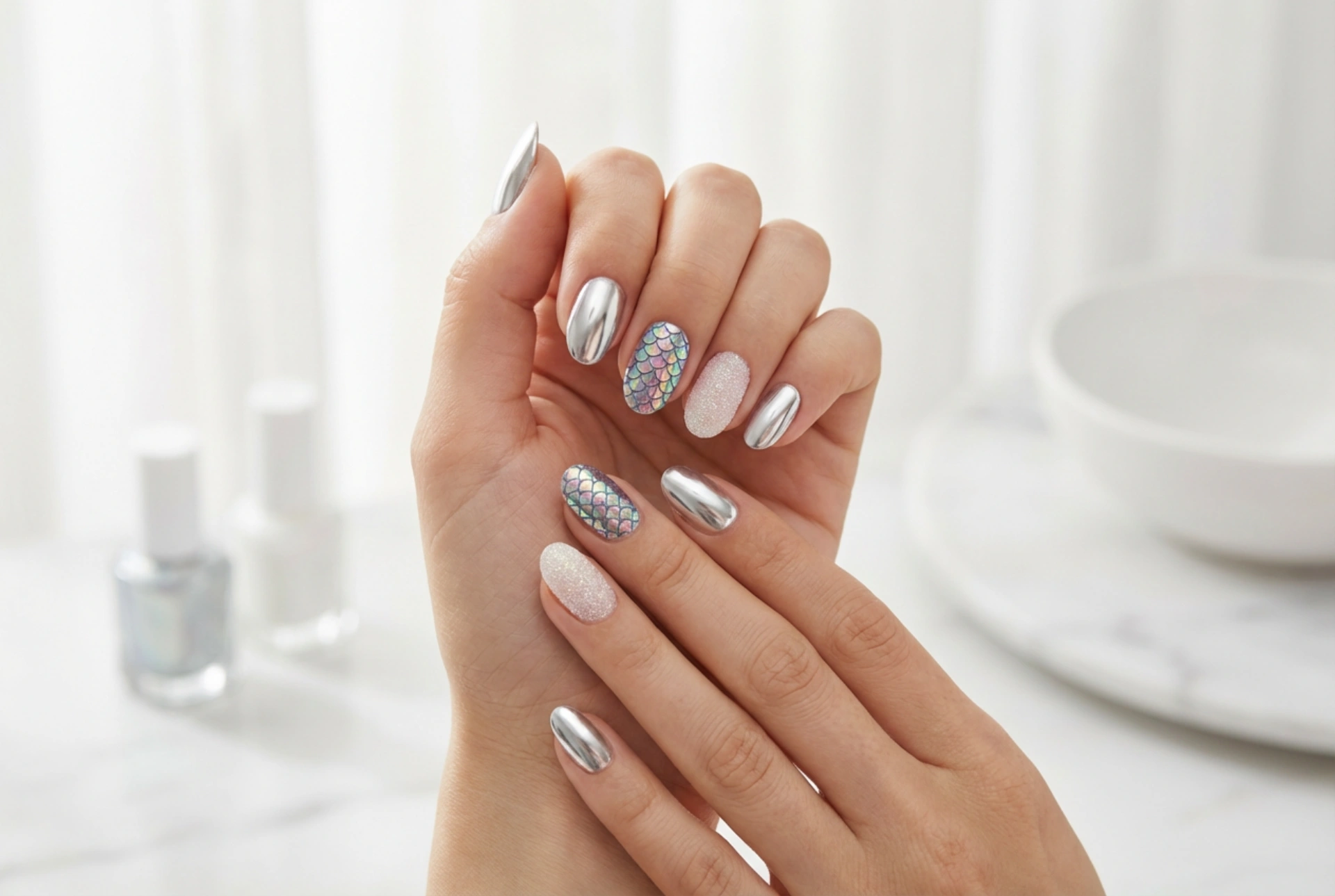 Нокти с прашец: нанасяне на огледален ефект, русалка и захар