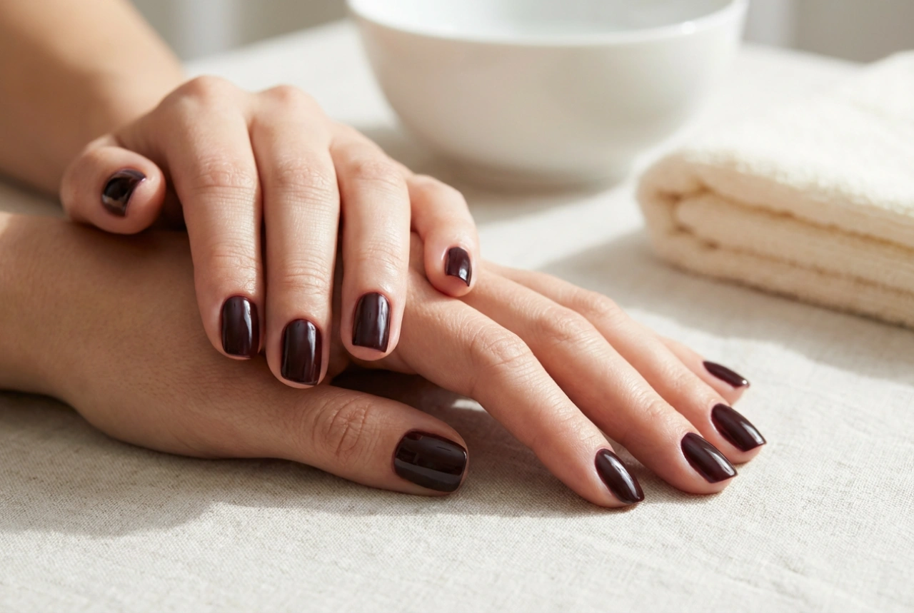 Тъмен гел лак: чисти линии около кожичките и дълбочина на цвета