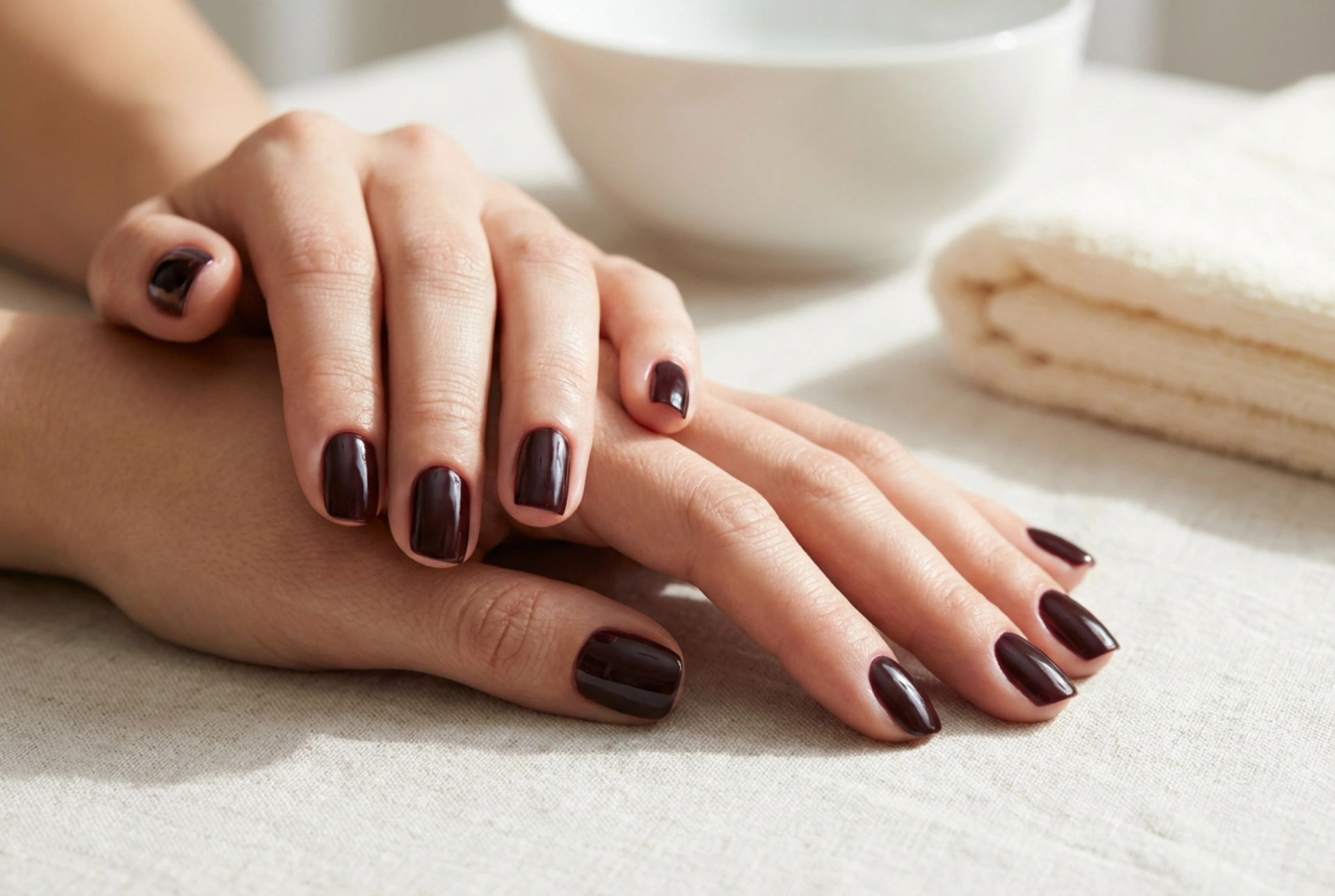 Тъмен гел лак: чисти линии около кожичките и дълбочина на цвета