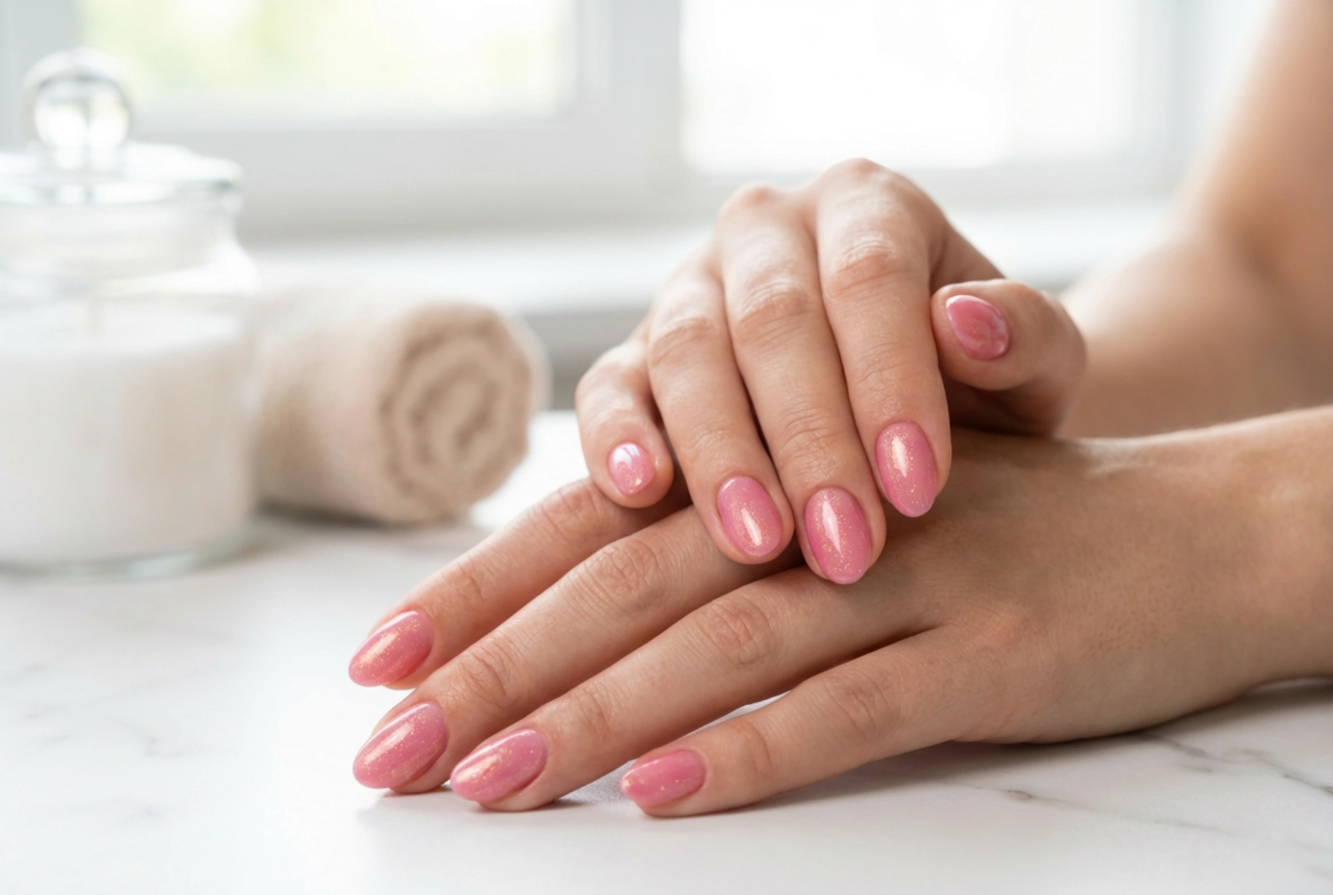 Розов хибриден лак с частици: равномерно покритие, блясък и трайност