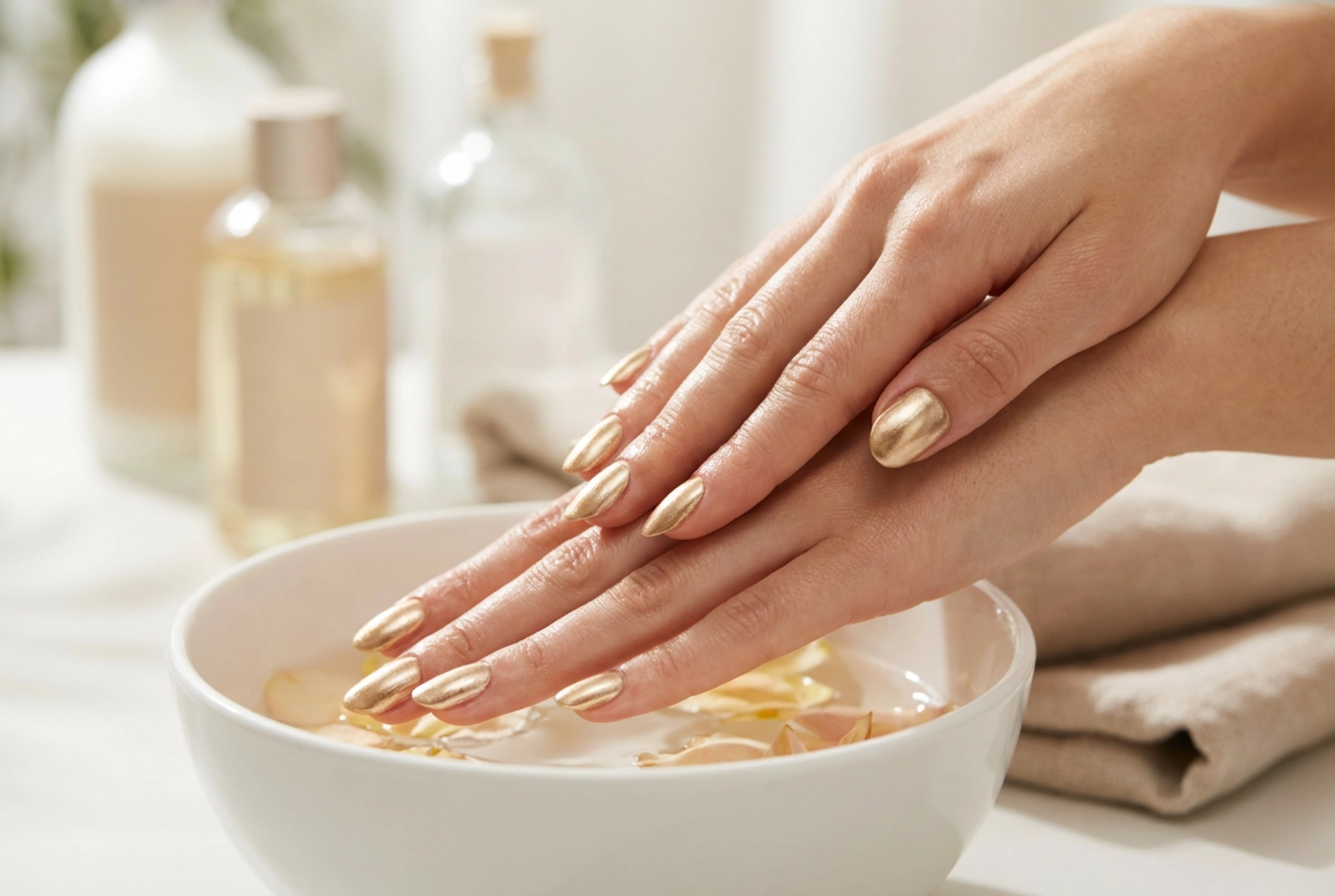 Златни нокти за ежедневието и за вечерта: как да постигнем равномерен блясък