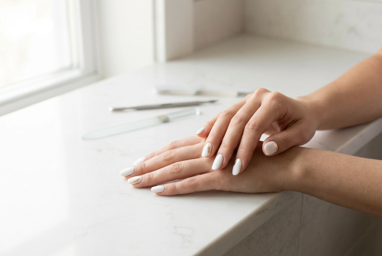 Бял маникюр със златно фолио: техники за нанасяне и запазване