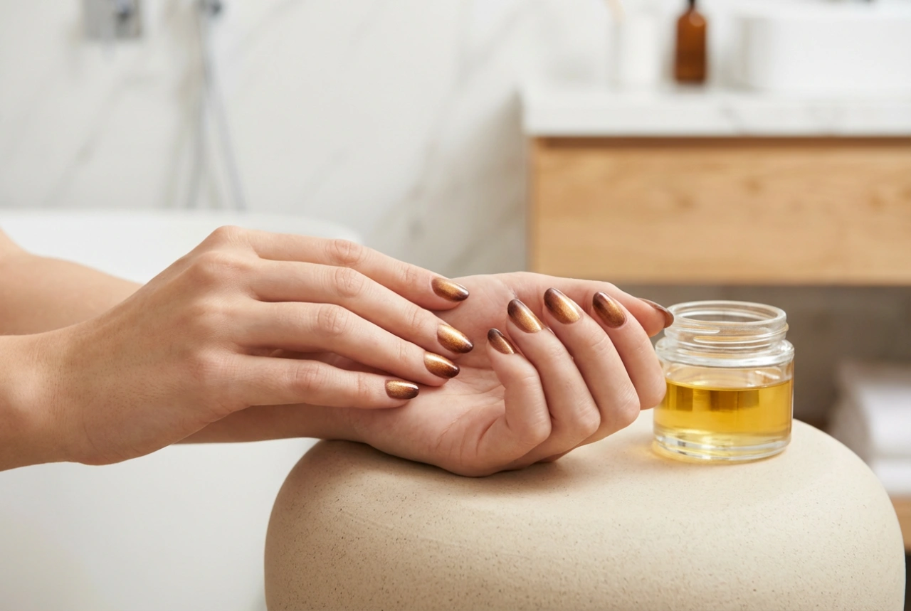 Кафяво-златни нокти: топла цветова комбинация стъпка по стъпка