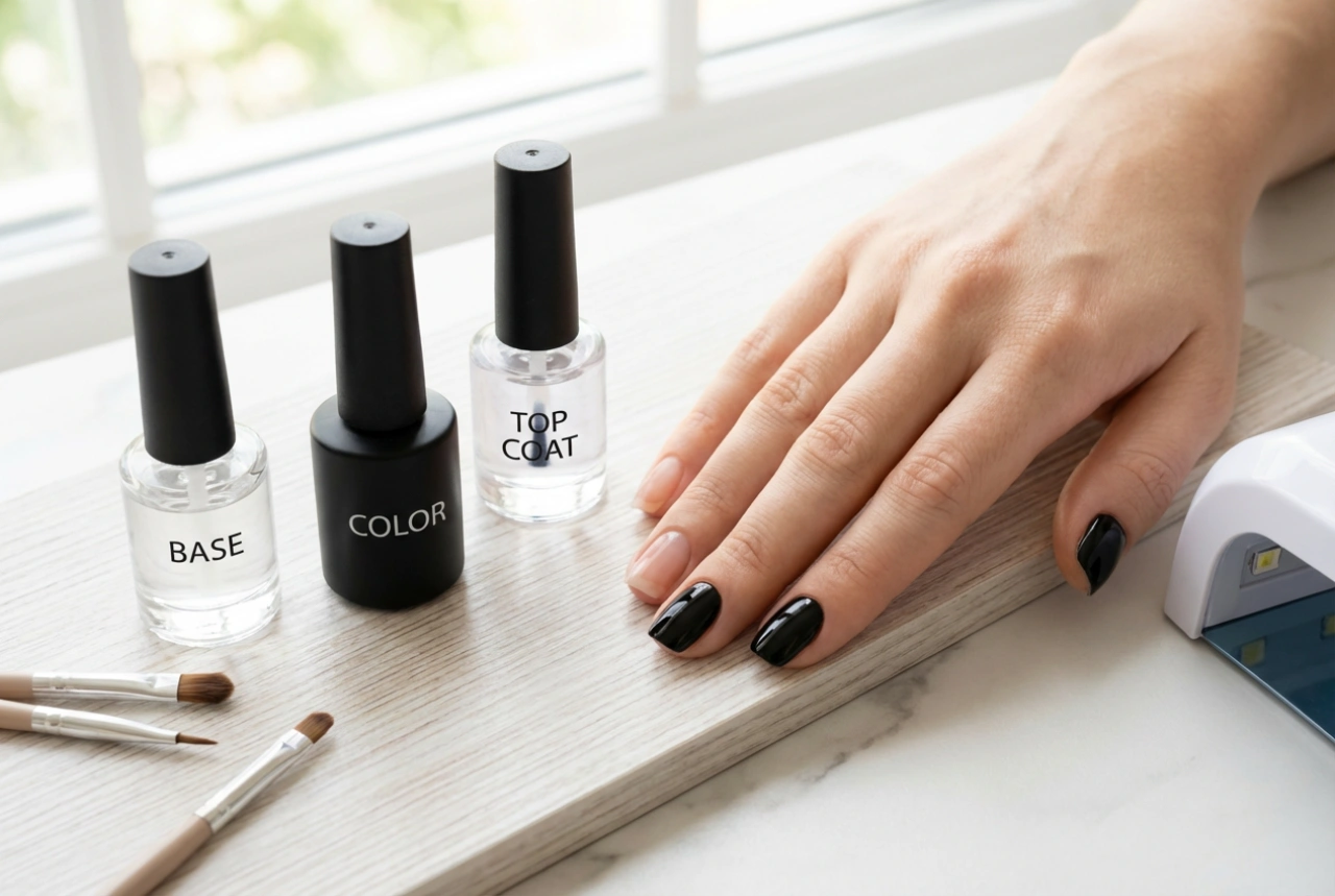 Черен гел лак стъпка по стъпка: основа, цвят, топ
