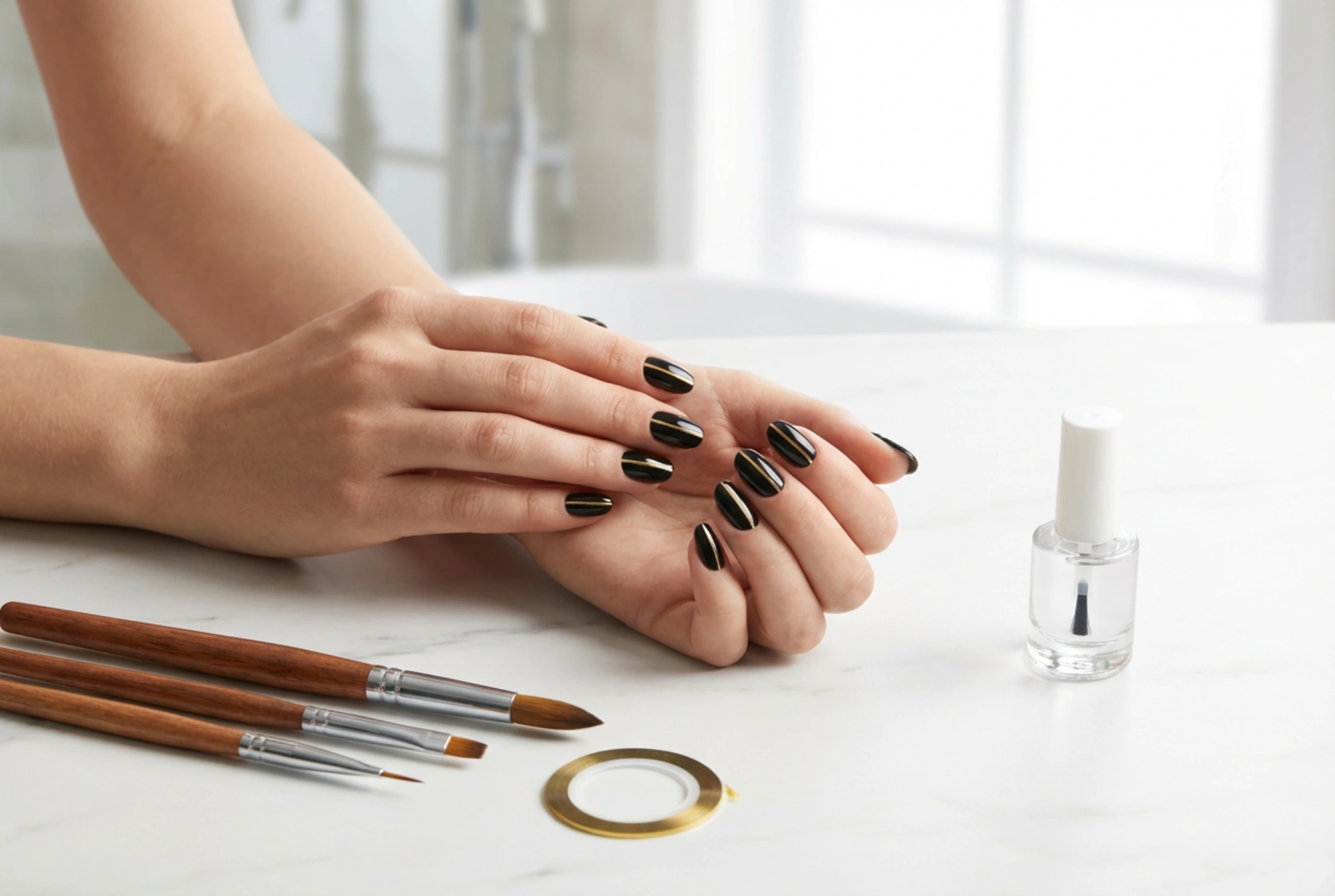 Златна лента върху черни нокти: Техники с ленти, четки и топ лак
