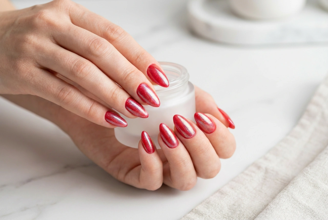 Прахчета за нокти върху червен лак: огледален ефект, ефект русалка и втриване