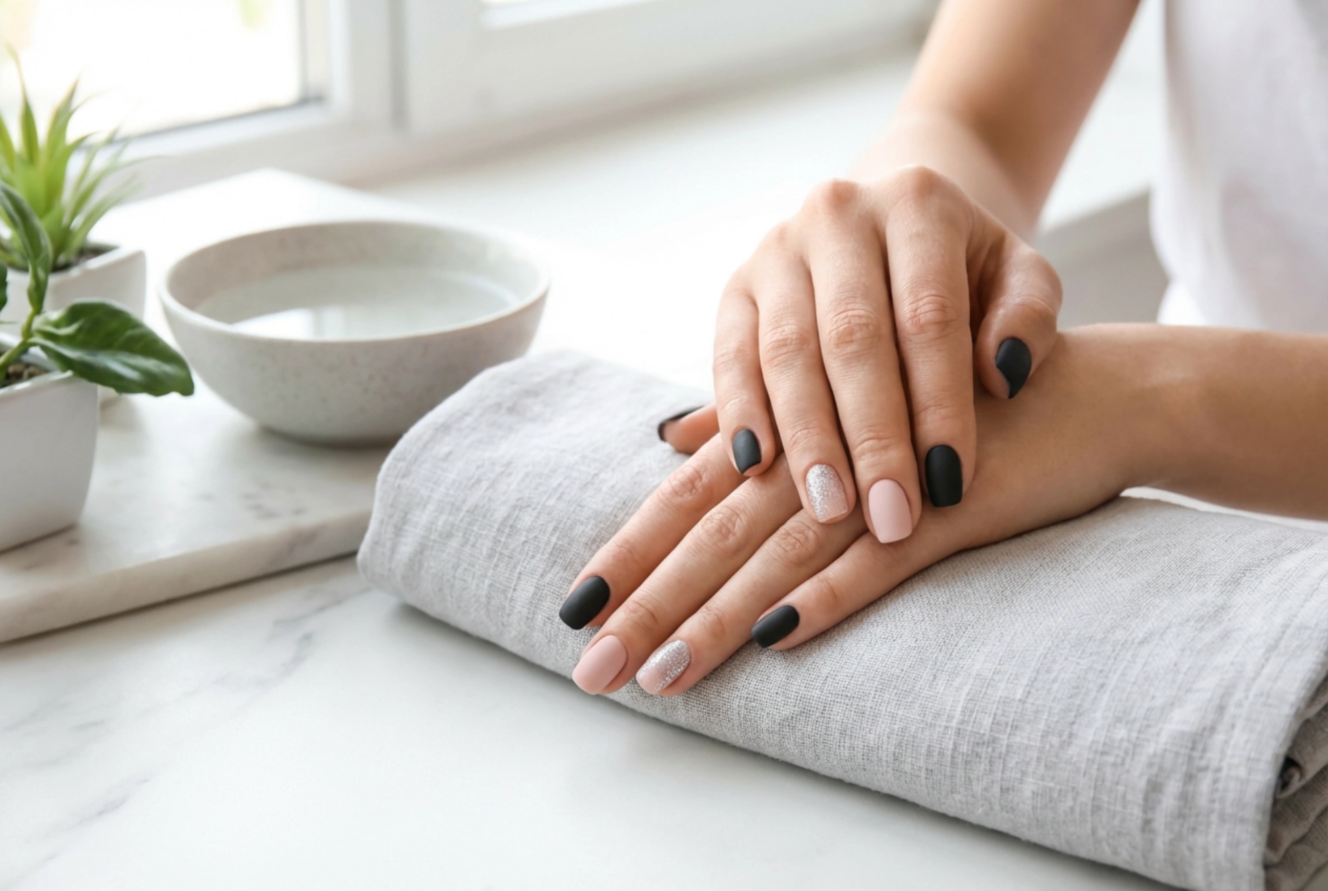 Черно-розов маникюр с брокат: къде да добавим блясък, за да не прекалим