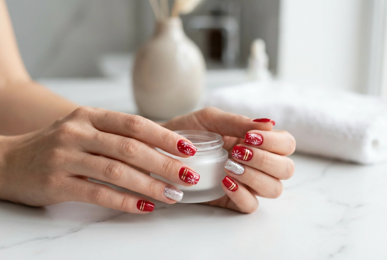 Празничен червен маникюр: снежинки, ивици и блестящ акцент