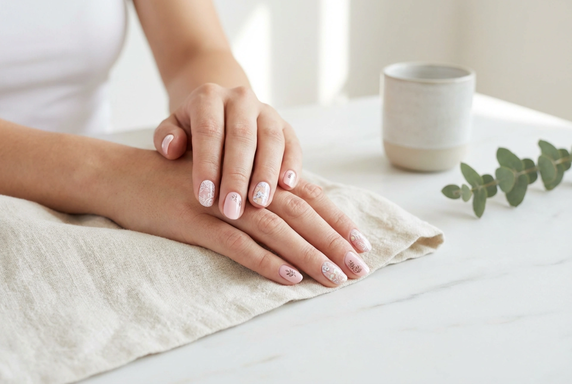 Розов маникюр с цветя: печати, стикери и ръчно рисуване