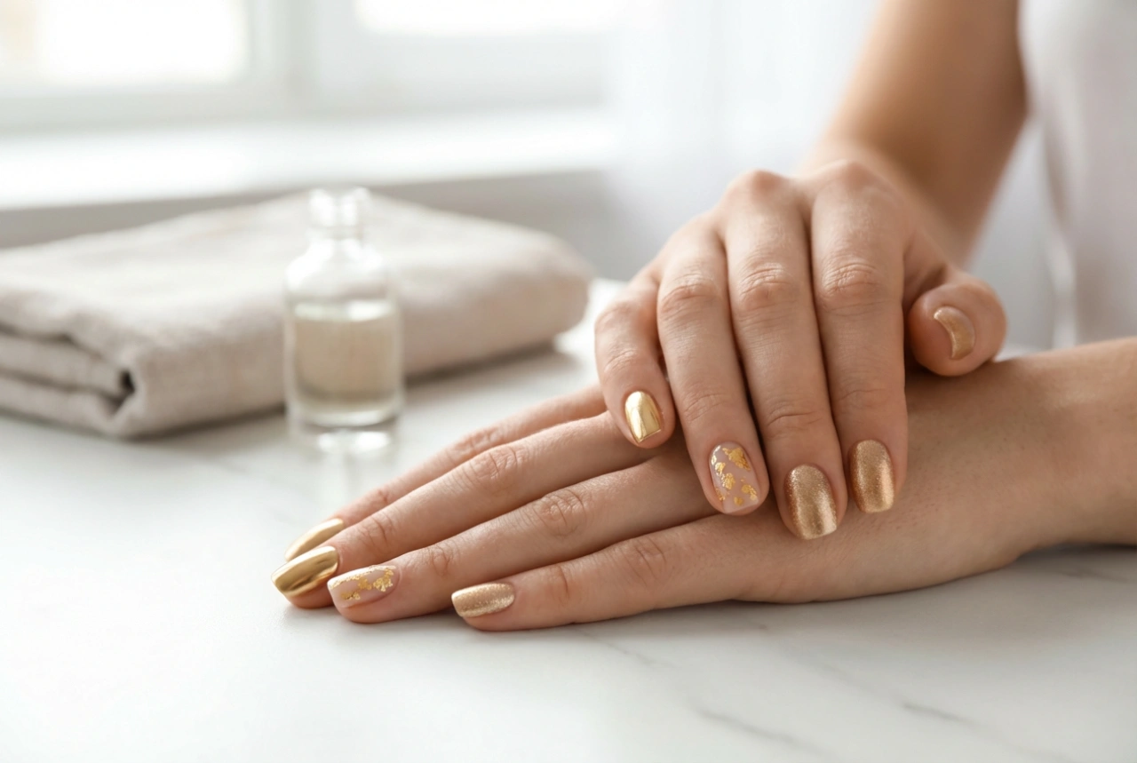 Златни нокти по няколко начина: прашец, фолио, металик лак