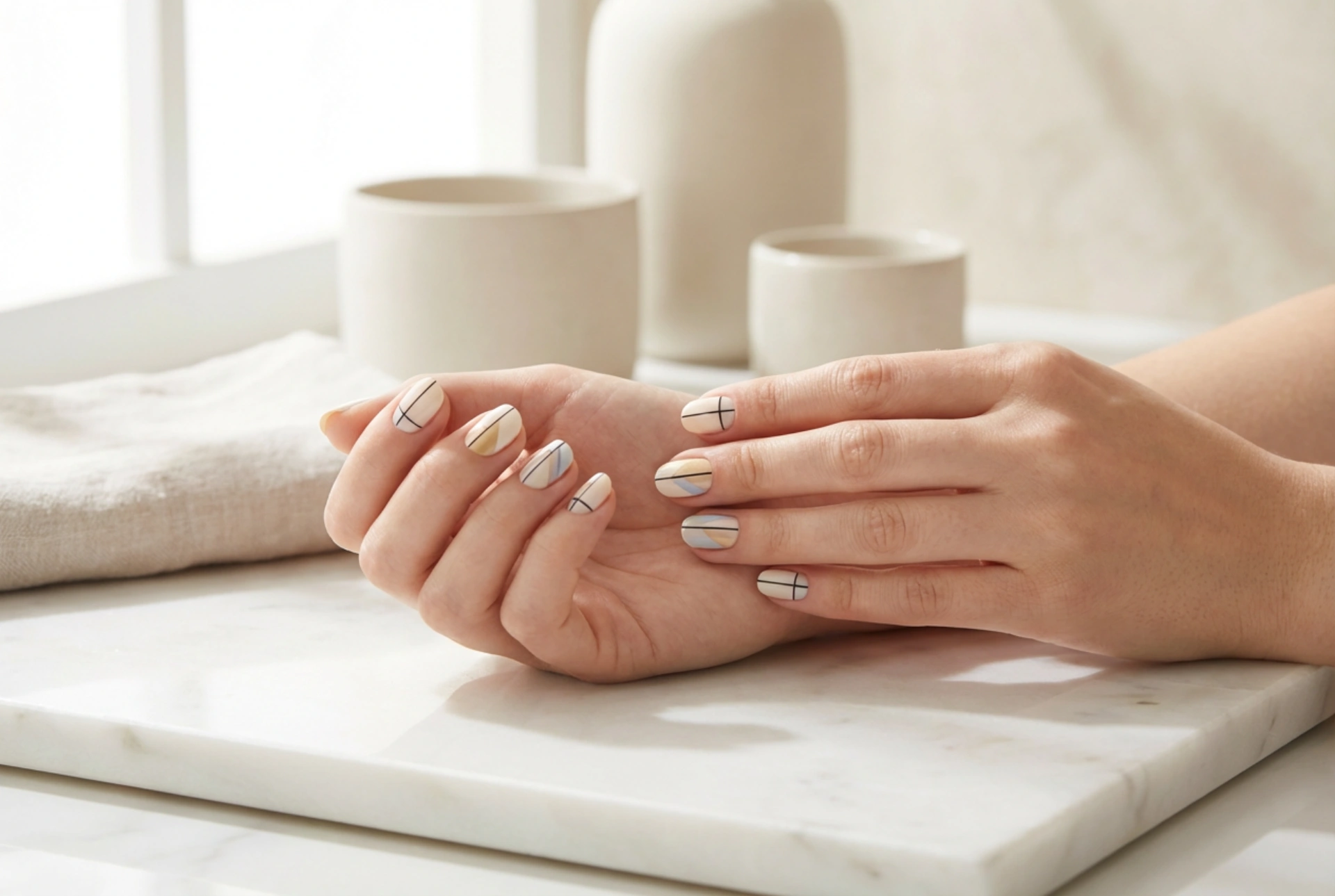 Геометрични дизайни за нокти: ленти, печати и ръчно рисуване