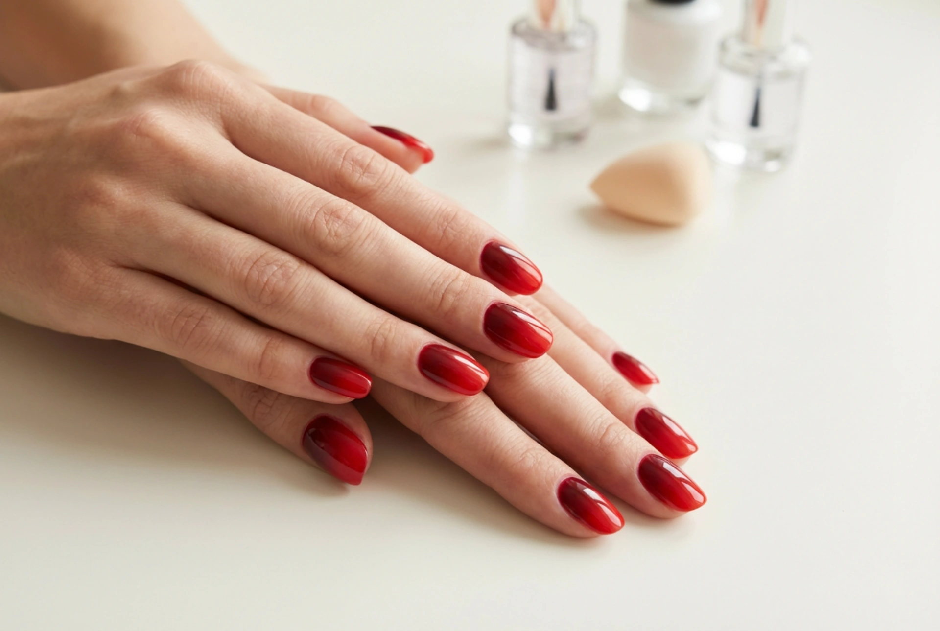 Червен омбре маникюр: избор на нюанси, техника с гъбичка и запечатване с топ лак