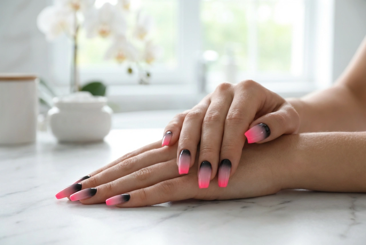 Черно-розови омбре нокти: от неон до пастел, стъпка по стъпка