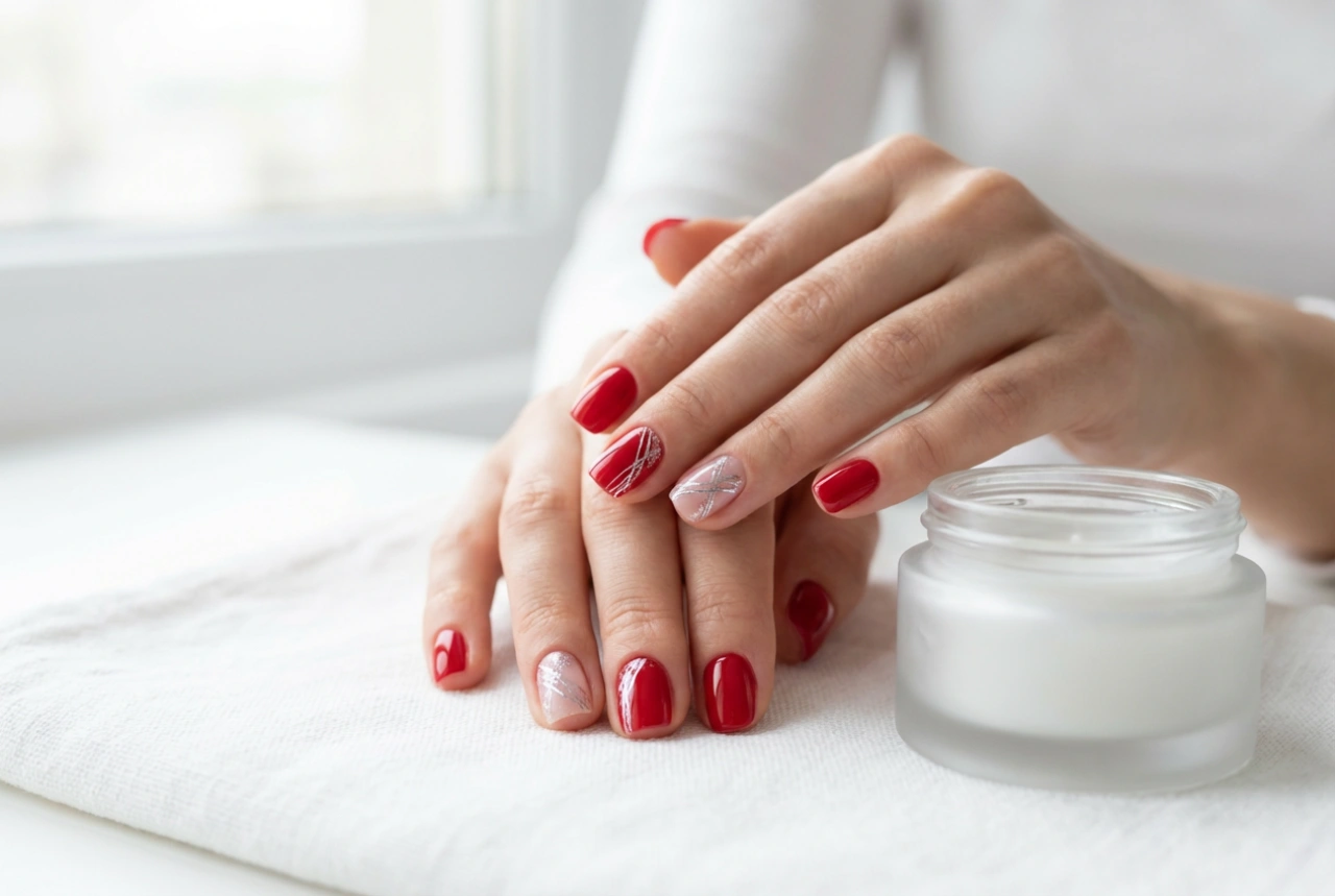 Червени нокти със сребро: линии, акценти и брокат стъпка по стъпка