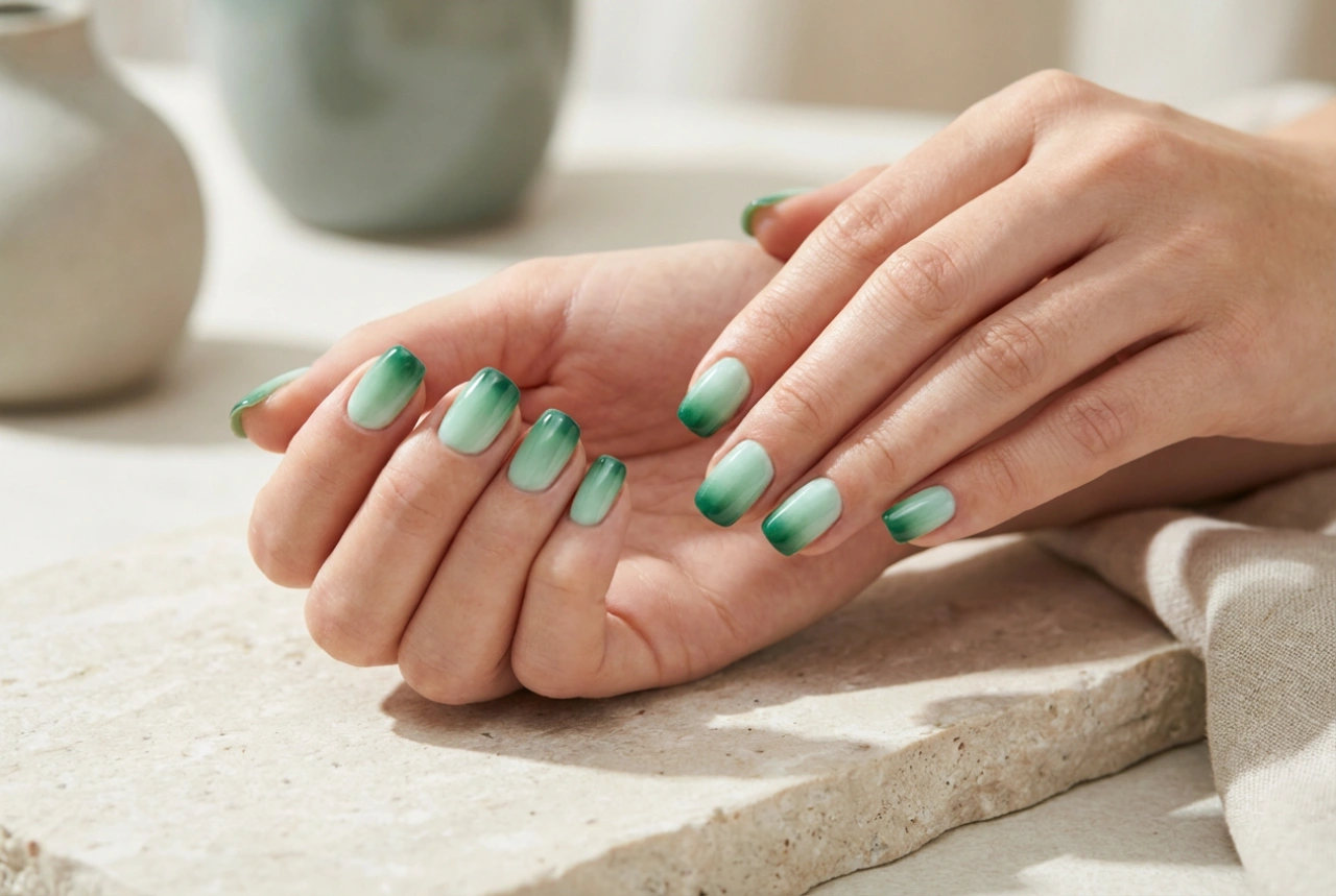 Зелено омбре върху ноктите: цветови комбинации и завършващи щрихи