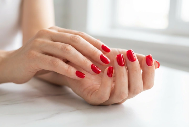 Червен хибриден лак: равен контур, пълно покритие и траен блясък