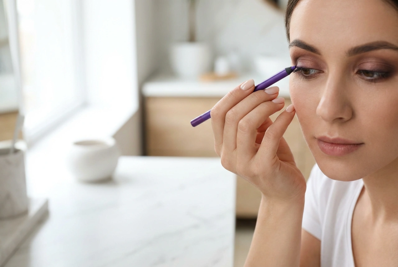 Лилав молив за очи: подмладяващи тонове, меки линии и комбинации с кафяво